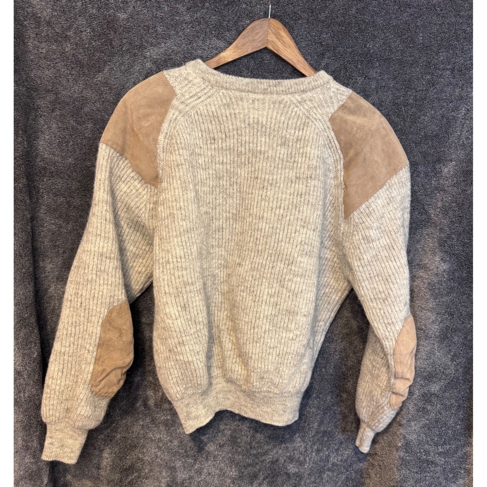 Black Sheep Great Britain Oiled Wool Sweater Suede Patches Oatmeal Beige Mens L - Picture 3 of 4